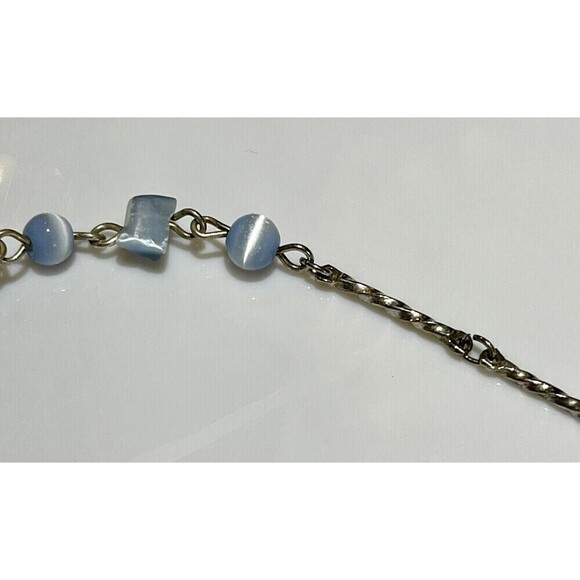 Sterling Silver Plated 6mm Blue Cats Eye Ball Bead 9in Bar Chain Bracelet VTG - Picture 4 of 7